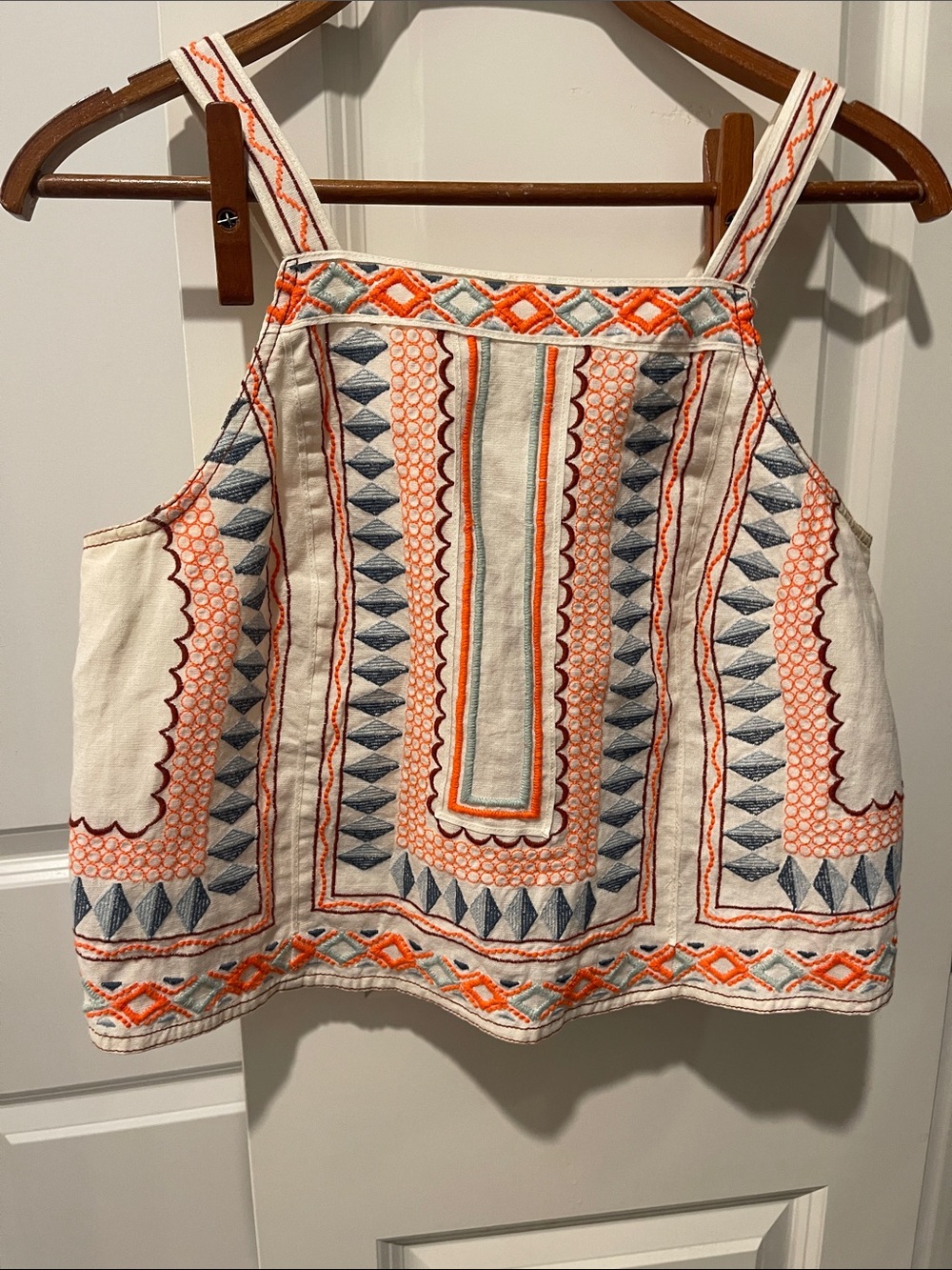 Anthropologie Embroidered Cream Tank with Orange and Blue Accents